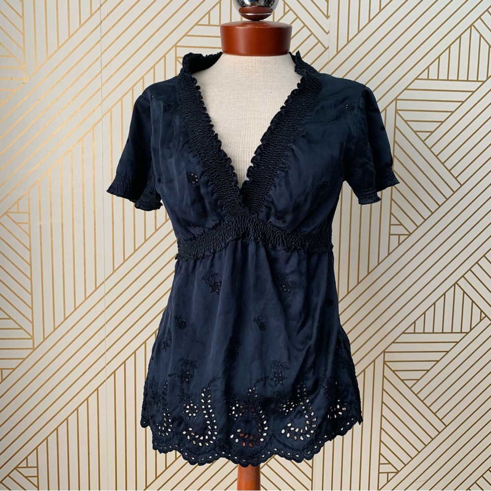 BCBGMaxAzria 100% Silk Eyelet Puff sleeve smocked gathered empire waist top S